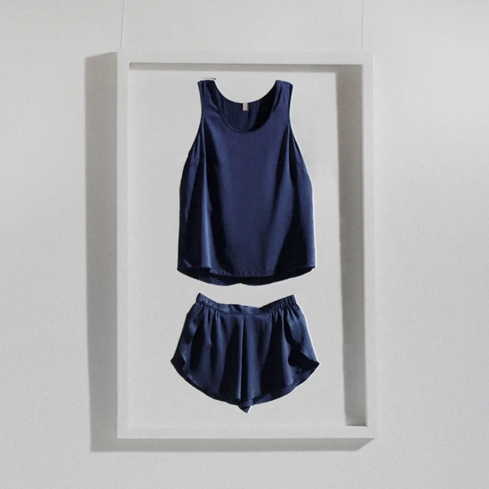 LUNYA BNWT Washable Silk Tulip Back Short Set in Deep Blue Size XS